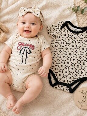 Baby Guess 2 Bodysuit Bundle 0-3M Heart Logo Short Sleeve